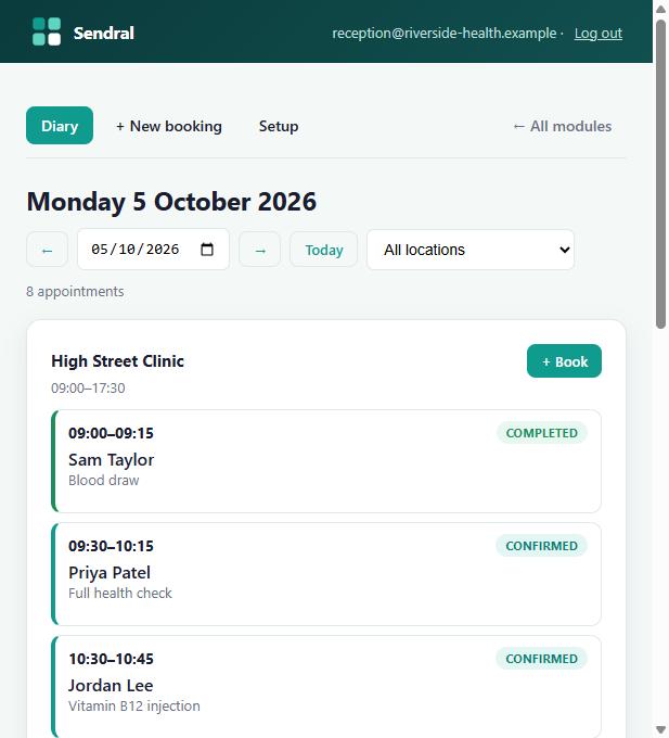 Booking diary showing the day's appointments at a clinic