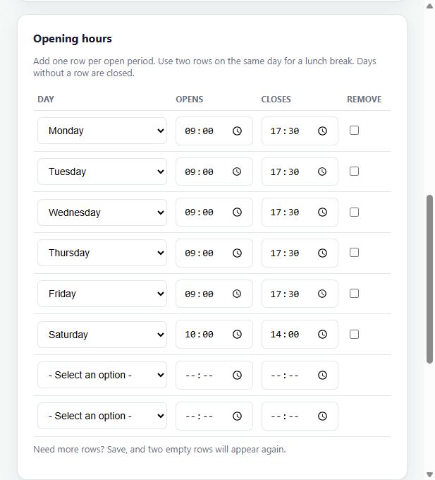 Opening hours editor for a location