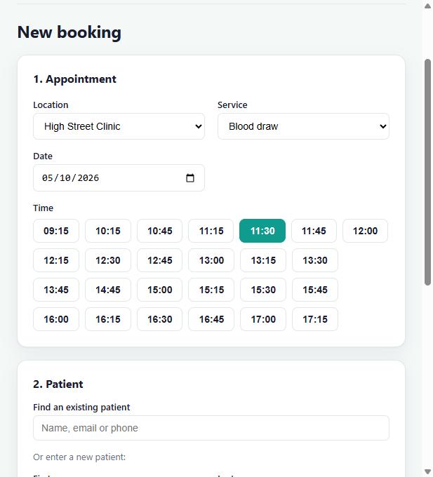 New booking screen with available time slots