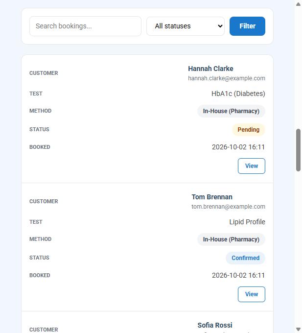 List of blood test bookings with status
