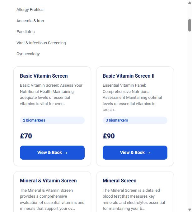 Blood test catalogue showing health profiles and prices