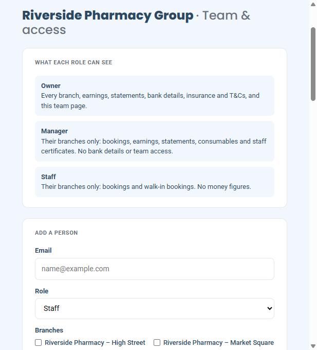 Team and access page with owner, manager and staff roles