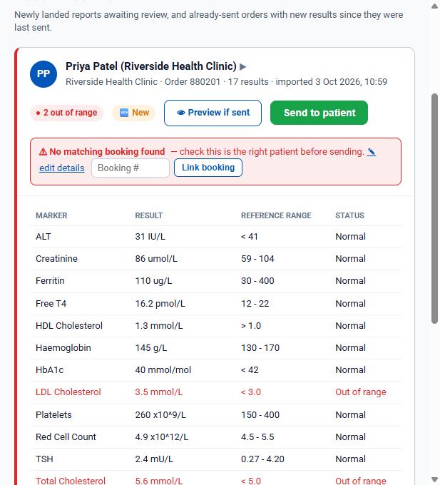 Lab report open for staff review before release to the patient